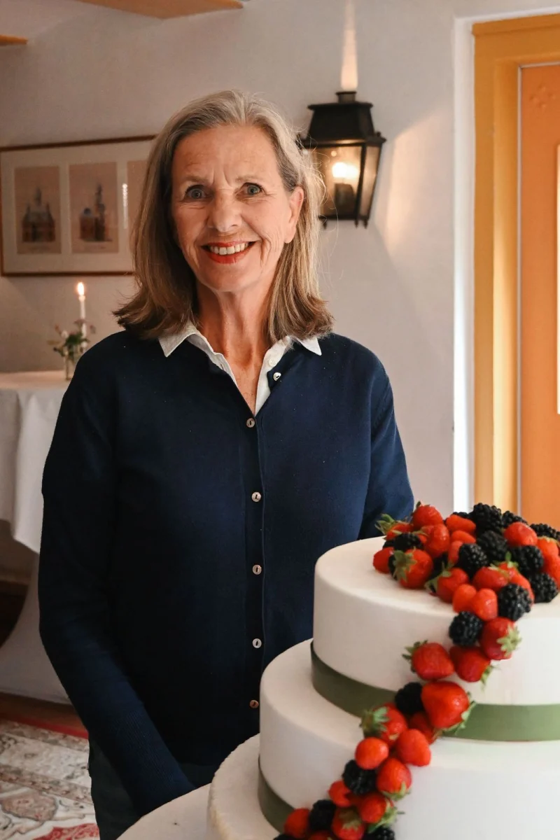 Anneke Wissman achter een bruidstaart met rood fruit