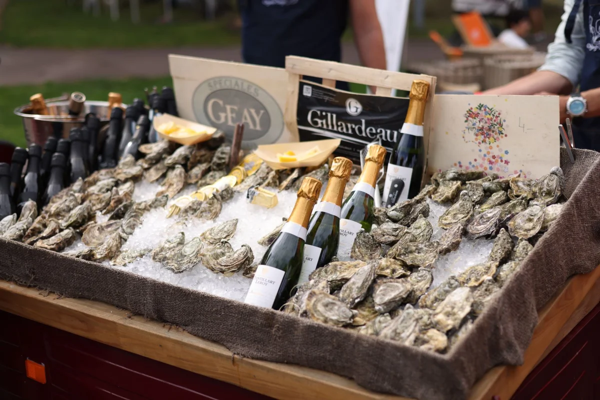 Bottles of champagne and fresh oysters on ice